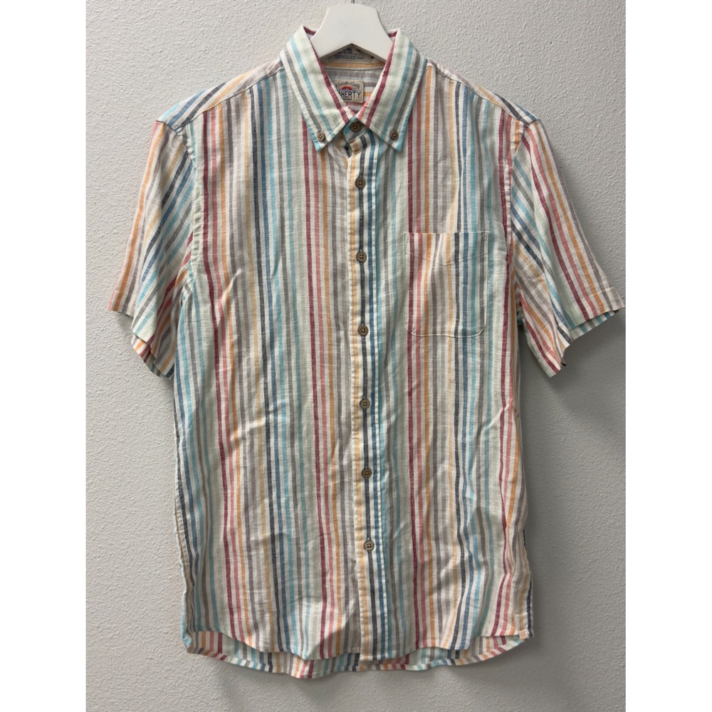 Faherty SS Breeze Shirt Mens Small Bay Reef Stripe New Linen Blend Button Down